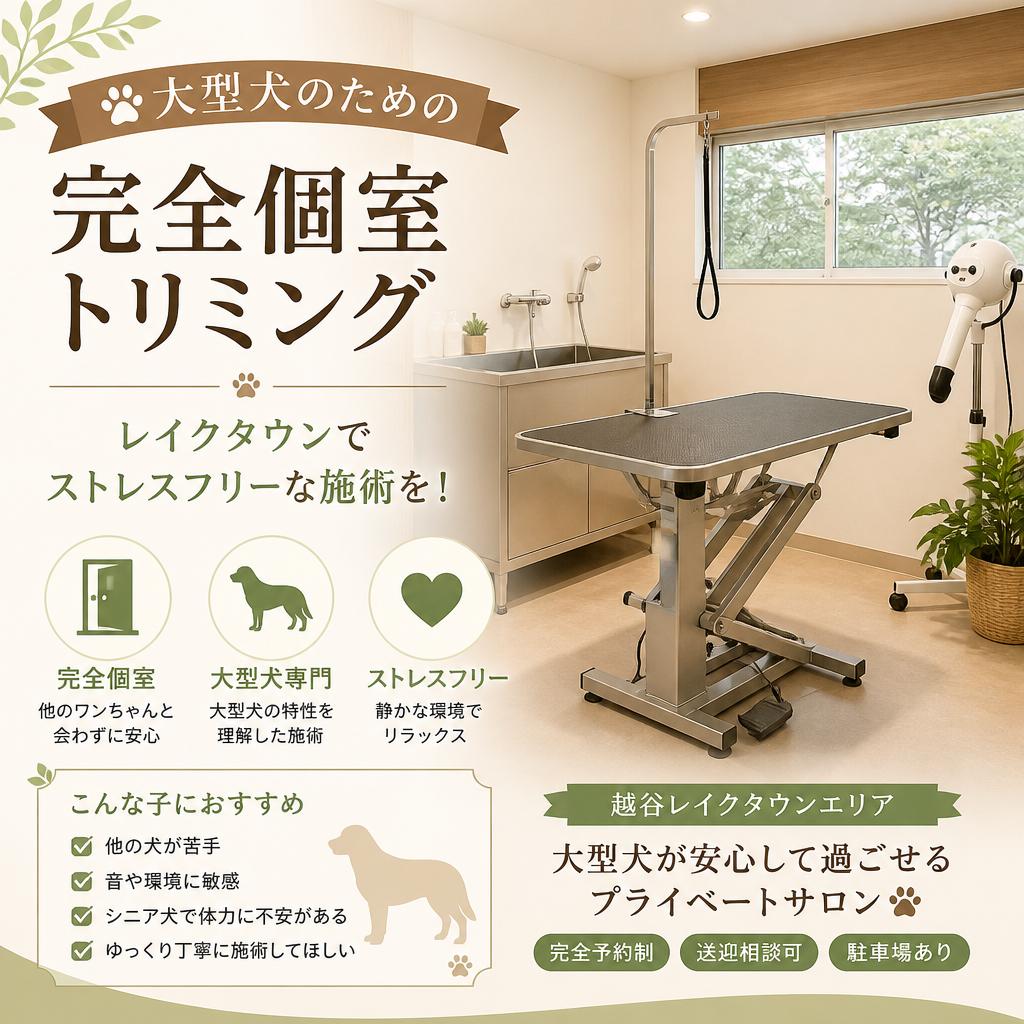 大型犬のための完全個室トリミング、レイクタウンでストレスフリーな施術を！