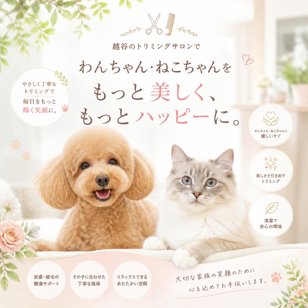 越谷のトリミングサロンでわんちゃん・ねこちゃんをもっと美しく、もっとハッピーに。