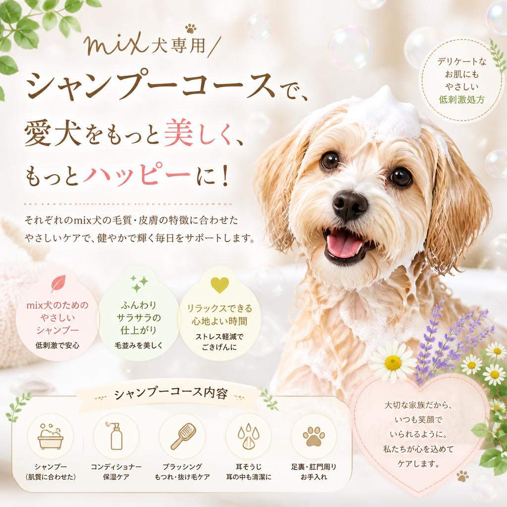 mix犬専用シャンプーコースで、愛犬をもっと美しく、もっとハッピーに！