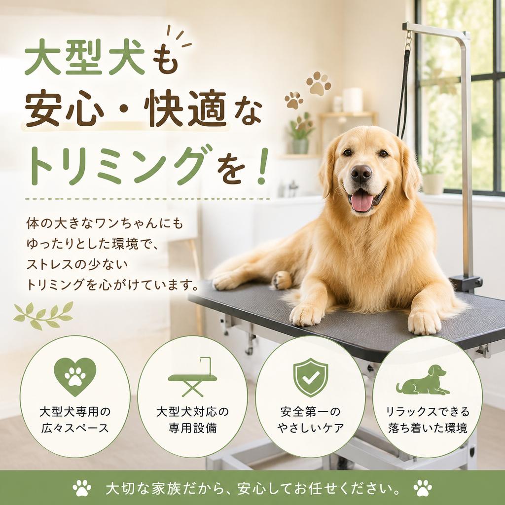 大型犬も安心・快適なトリミングを！