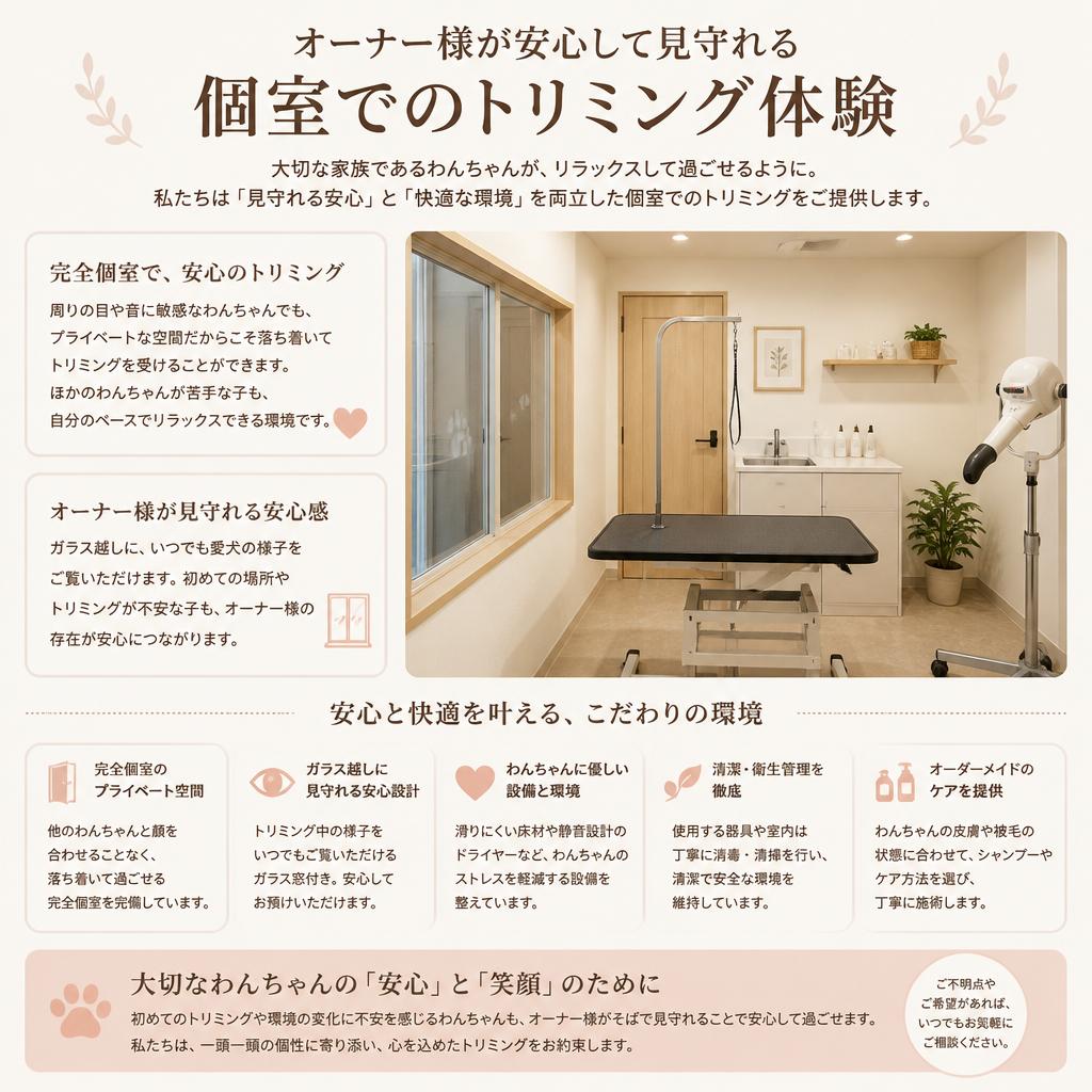 オーナー様の立会い可能な個室トリミング