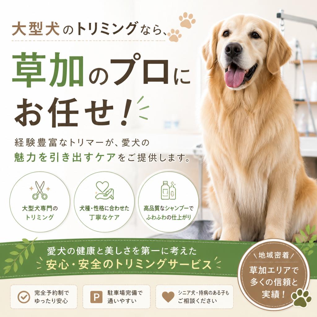 大型犬のトリミングなら、草加のプロにお任せ！