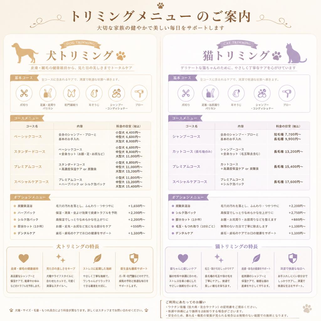 トリミングメニュー一覧