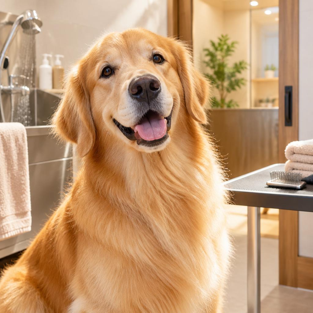 ゴールデンレトリバーの輝く笑顔と毛並みに。個室で叶える、やさしいシャンプー＆トリミング。